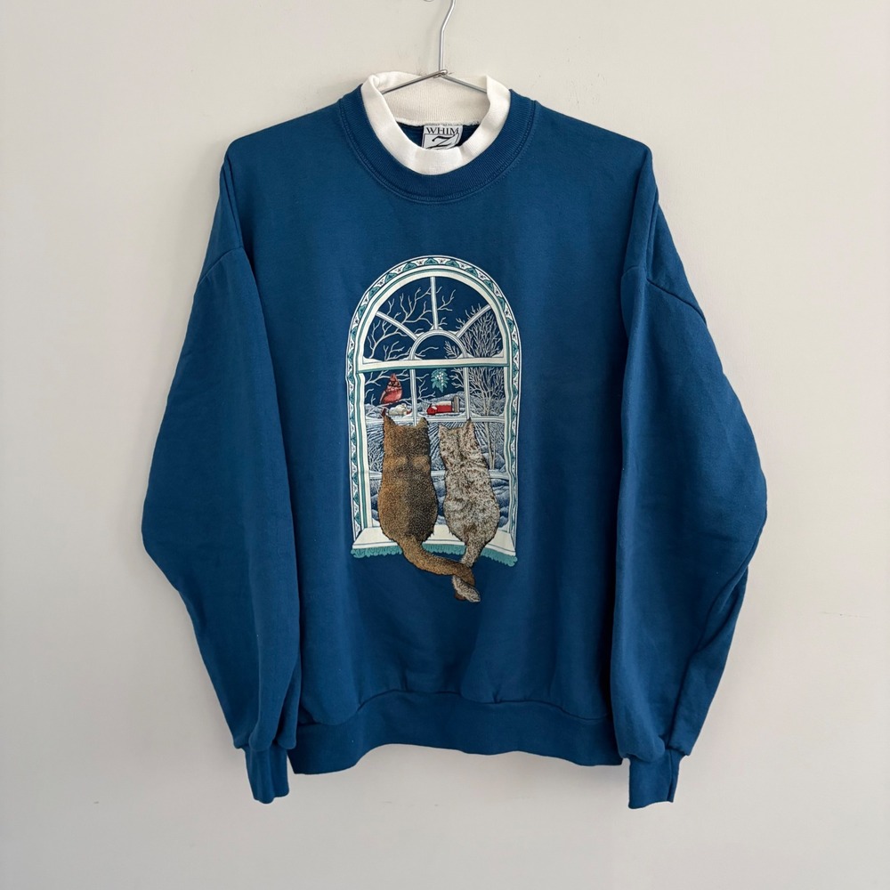 Vintage Whim Z Jerzees Cats Window Cardinal Sweatshirt Blue XL Made in USA